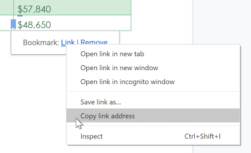 A cursor hovers over the Copy link address option within a Link drop-down menu.